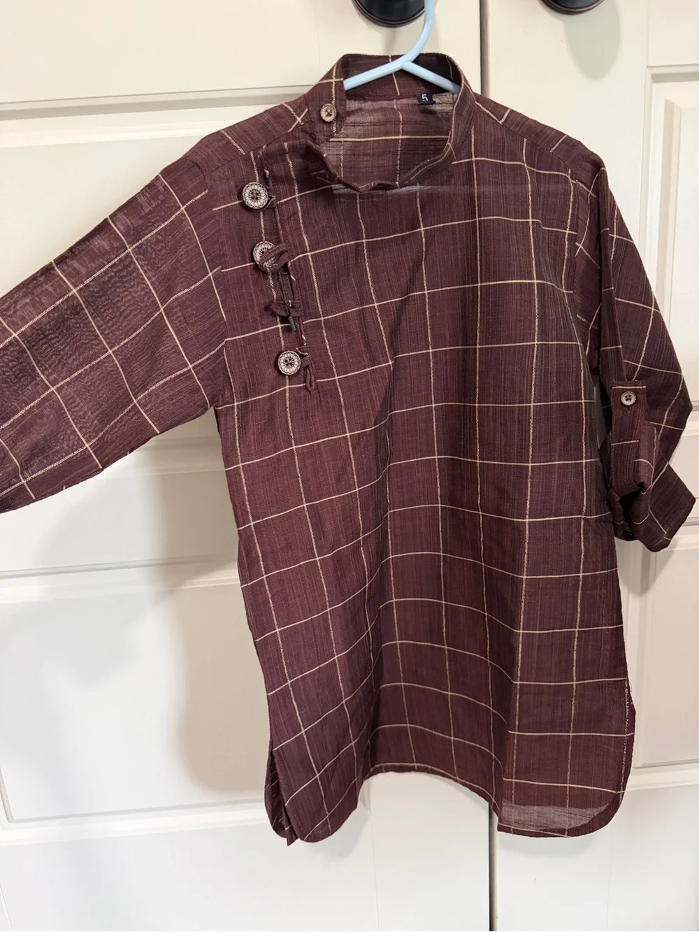 Boys Brown Checked Kurta Tunic Top with Asymmetric Button Detail